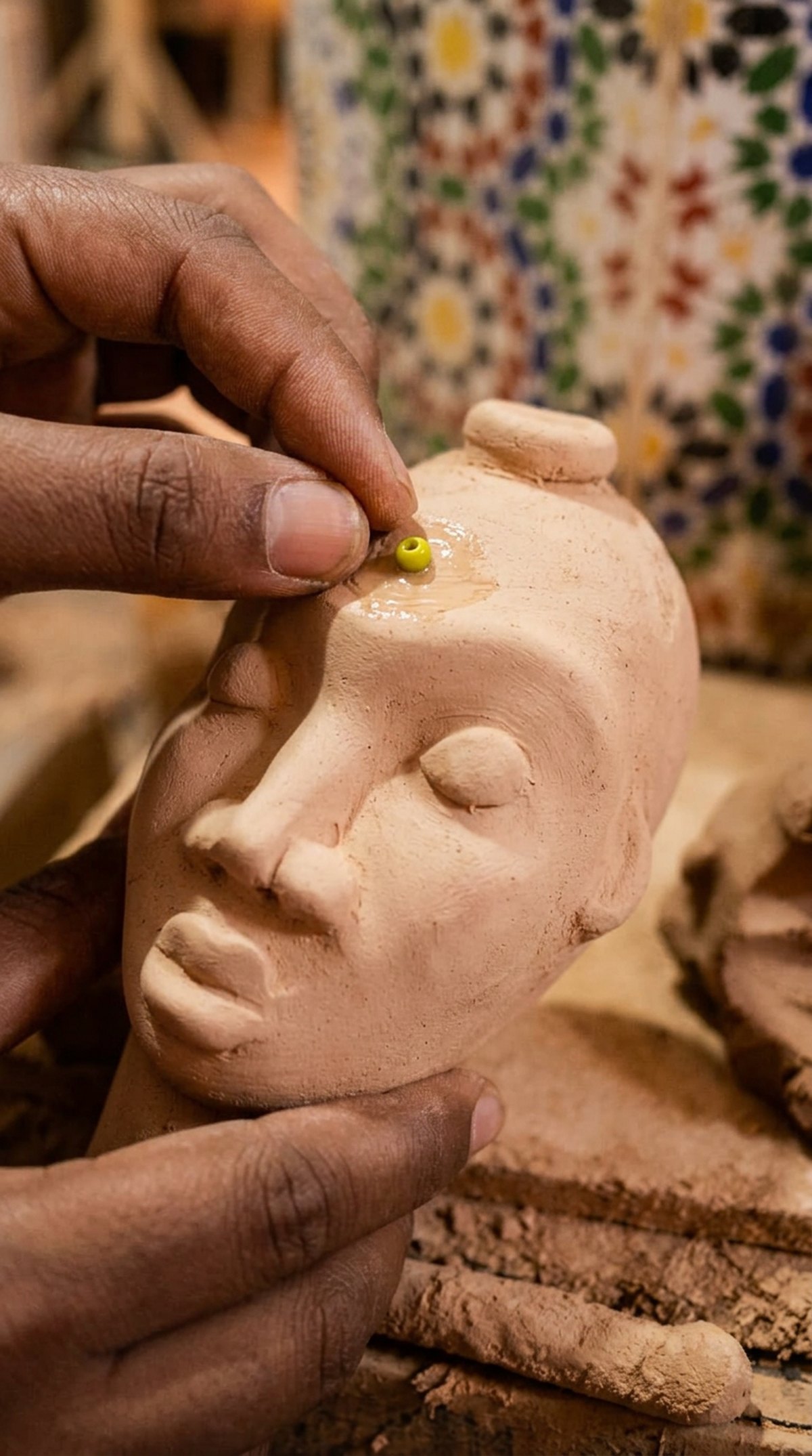 A fingertip placing the first bead on the clay